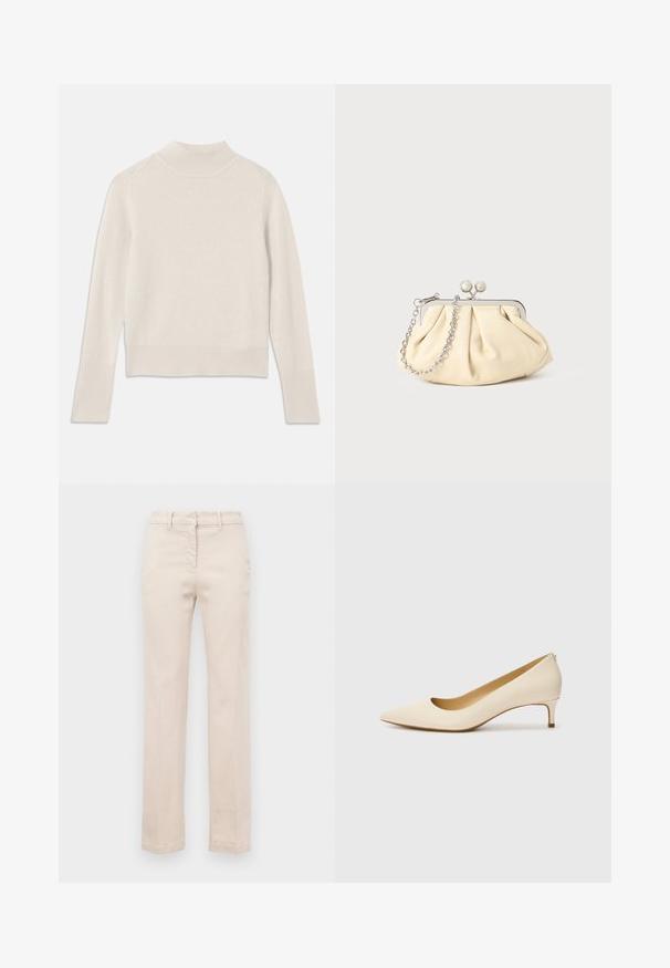 Sweater de malha de cor creme com um colarinho alto, punhos e bainha canelados. Design simples, textura suave e comprimento cropped.; Calças de algodão bege com um corte ajustado, pernas retas, fecho frontal e uma textura suave. Inclui ilhós para cinto tradicionais.; Sandalha beje com bico em ponta, feita de material sintético suave, apresentando um salto baixo e um design slip-on com um detalhe discreto na parte de trás.; Clutch de couro bege plissado com uma estrutura de metal prateado, apresentando dois fechos decorativos redondos e uma alça de corrente prateada.