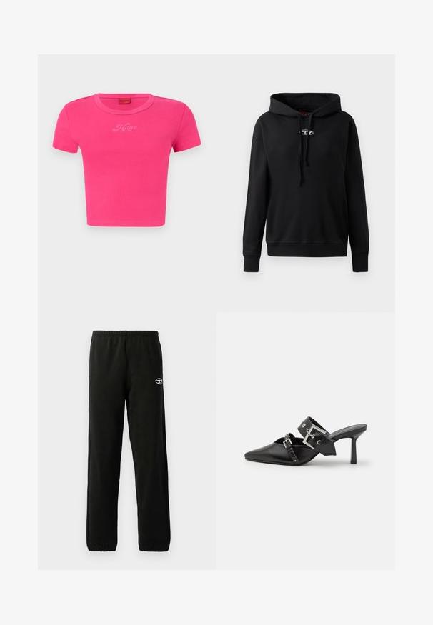 Juodas gobtuvėlis, pagamintas iš minkštos medžiagos. Yra priekinė kengūros kišenė, reguliuojamas raištelis ant gobtuvo ir sidabrinė logo ant krūtinės.; Trumpas rožinis sutrumpintas marškinėlis su apvaliu iškirpimu ir trumpomis rankovėmis. Priekyje yra tonuotas „Hugo“ logotipas. Minkšta medvilnė.; Juodos sportinės kelnės su elastinga juosmens juosta ir rankogaliais. Ant šlaunies yra mažas logotipas. Pagamintos iš švelnios, lygaus audinio.; Juodos aukštakulnės mule bateliai su smailiu pirštu, pagaminti iš lygaus odos. Turi platų kulkšnies dirželį su kvadratiniu sidabro sagtimi ir skulptūromis.