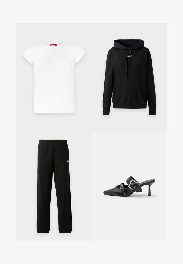 Černá mikina z měkké tkaniny. Obsahuje přední klokanku, nastavitelnou kapuci se šňůrkami a stříbrné logo na prsou.; Bílé bavlněné tričko s kulatým výstřihem, krátkými rukávy a malým logem vpředu. Štítek nese červený nápis "DIESEL".; Černé tepláky s elastickým pasem a manžetami. Obsahují malé logo na stehně. Vyrobené z měkké, hladké látky.; Černé muly na vysokém podpatku s špičatou špičkou, vyrobené z hladké kůže. Mají široký pás kolem kotníku se čtvercovou stříbrnou sponou a cvočky.