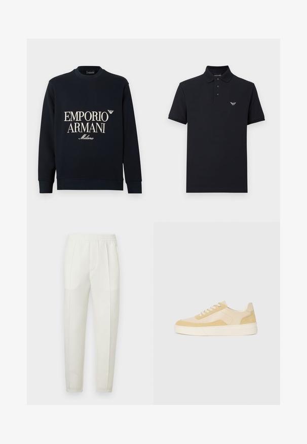 Teget majica s dugim rukavima, okruglim izrezom i glatkom teksturom tkanine. Na prednjoj strani bijeli logo "EMPORIO ARMANI" i "Milano".; Teget polo majica s klasičnim ovratnikom, otvorom sa tri gumba i izvezenim logotipom na prsima. Izrađena od pamuka, s kratkim rukavima.; Bijele uske hlače ravnog kroja s elastičnim pojasom, s dvije džepa sa strane i glatkom, lagano sjajnom teksturom.; Tenisice u svijetložutom zamahu i koži, s uloškom za udobnost i šivenim detaljima. Klasičan dizajn na vezanje s okruglim vrhom.