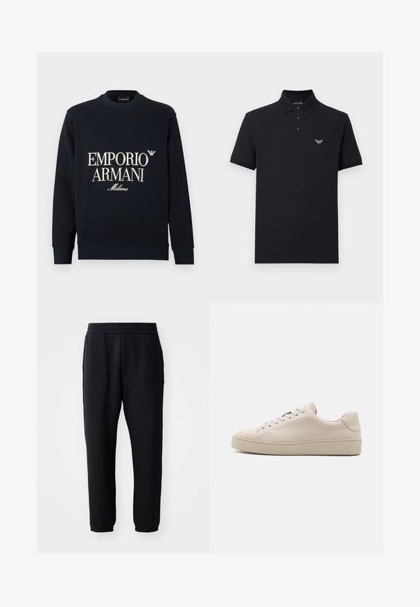 Granatowa bluza z długimi rękawami, okrągłym dekoltem i gładką fakturą tkaniny. Z przodu znajduje się biały napis "EMPORIO ARMANI" oraz logo "Milano".; Granatowa koszulka polo z klasycznym kołnierzem, patką z trzema guzikami oraz haftowanym logo na piersi. Wykonana z bawełny, z krótkimi rękawami.; Czarne spodnie w luźnym kroju, wykonane z teksturowanej tkaniny, z elastycznym paskiem w talii i zwężanymi mankietami. Brak widocznych kieszeni i ozdób.; Beżowe skórzane sneakersy o gładkim wykończeniu, zaokrąglonym nosku, płaskiej podeszwie i klasycznym sznurowaniu. Subtelne akcenty w postaci przeszyć i teksturowana podeszwa.