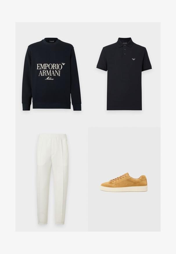 Navy sweatshirt with long sleeves, crew neck, and a smooth fabric texture. Features white "EMPORIO ARMANI" and "Milano" logo on the front.; Navy polo shirt with a classic collar, three-button placket, and embroidered logo on the chest. Made of cotton, featuring short sleeves.; White slim-fit pants with an elastic waistband, featuring two side pockets and a smooth, slightly shiny texture.; Tan suede sneaker with a low profile, round toe, and lace-up front. Cream rubber sole with subtle texture and minimal detailing.