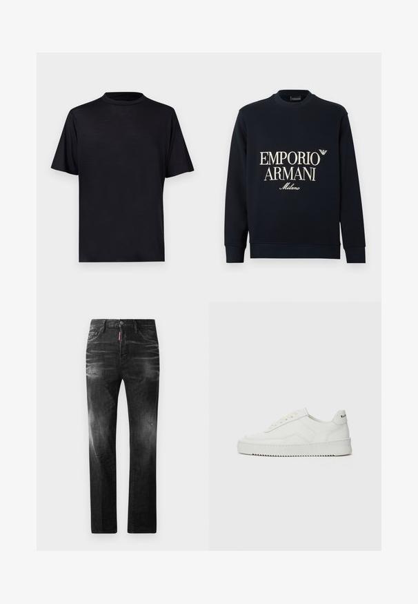 Navy sweatshirt with long sleeves, crew neck, and a smooth fabric texture. Features white "EMPORIO ARMANI" and "Milano" logo on the front.; Black short-sleeve T-shirt with a high neckline, made from a smooth, lightweight fabric, featuring a minimalist design without patterns or accents.; Black denim jeans with a straight fit. Features faded areas, minor distressing, classic five-pocket design, and a button closure.; White leather sneaker with a smooth finish, round toe, flat laces, and a textured sole. Features a subtle logo on the heel.