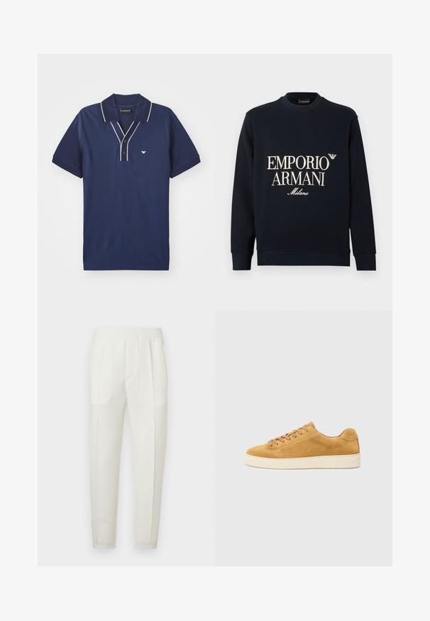 Marinblå sweatshirt med långa ärmar, rund halsringning och slät tygstruktur. Har vita "EMPORIO ARMANI" och "Milano" logotyper på framsidan.; Marineblå polo shirt i bomull, med en kontrasterande vit kant runt kragen och knappraden, samt en liten logotyp på vänstra bröstet.; Vita slim-fit byxor med elastisk midjeresår, utrustade med två sidofickor och en slät, lätt glansig yta.; Tan mockasinsneaker med låg profil, rund tå och snörning framtill. Krämfärgad gummisula med subtil textur och minimal detaljer.
