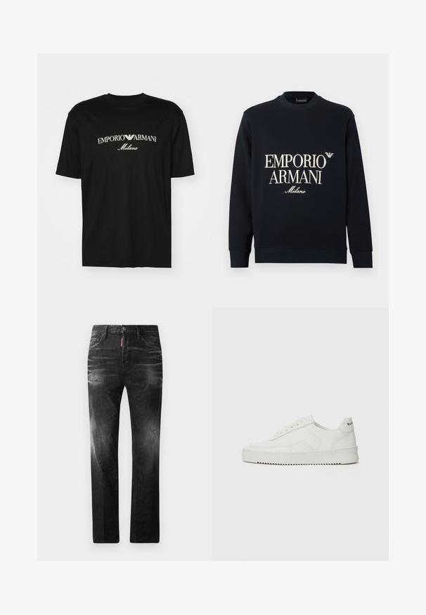 Tamsiai mėlynas džemperis su ilgomis rankovėmis, apvalia iškirpte ir lygia audinio tekstūra. Priekyje yra baltas „EMPORIO ARMANI“ ir „Milano“ logotipas.; Juodas medvilninis marškinėliai su apvaliu iškirpu, trumpomis rankovėmis ir baltu "EMPORIO ARMANI" logotipu virš "Milano" kreivame dizaino.; Juodi džinsai su tiesiu kirpimu. Spalvoti svyrantys plotai, šiek tiek sugadinti, klasikinis penkių kišenių dizainas ir mygtuko uždarymas.; Balti odiniai sportiniai bateliai su lygia apdaila, apvaliu pirštu, plokščiais raišteliais ir tekstūruotu padu. Pasižymi subtiliu logotipu ant kulno.