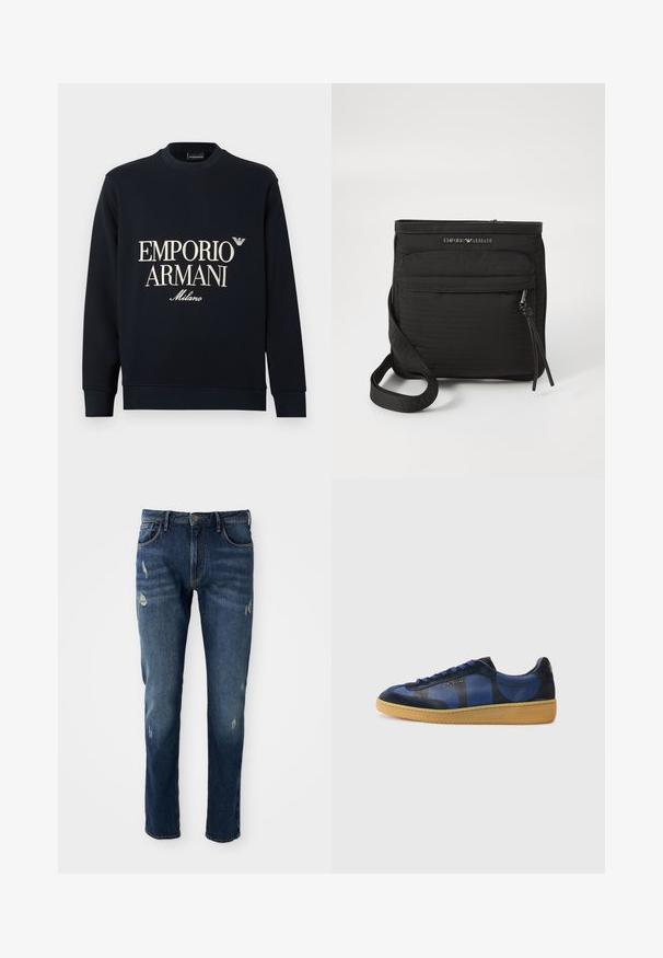 Tamsiai mėlynas džemperis su ilgomis rankovėmis, apvalia iškirpte ir lygia audinio tekstūra. Priekyje yra baltas „EMPORIO ARMANI“ ir „Milano“ logotipas.; Tamsiai mėlyni džinsai, lieso sijono, šiek tiek nudėvėti šlaunų ir kelių srityse, klasikinis penkių kišenių dizainas ir mygtuko uždarymas.; Tamsiai mėlyni sportiniai bateliai, pagaminti iš zomšos ir odos, su apvalių raštų dekoru, violetinėmis raištelių ir guminiais batų padais. Auksinė prekės ženklo emblema šone.; Juodas „Emporio Armani“ per petį nešiojamas krepšys su priekinės užtrauktuko kišenės, reguliuojamu dirželiu ir logotipo detale ant struktūrinio audinio.