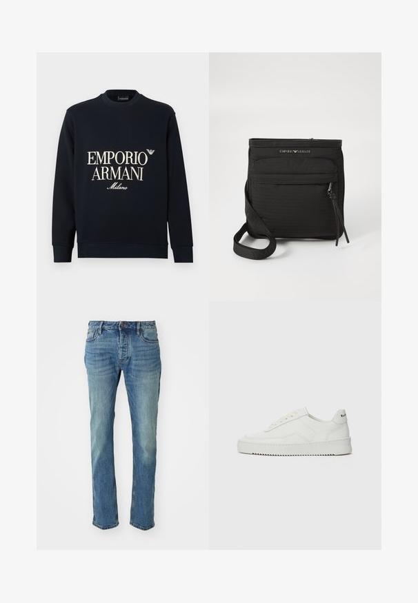 Μπλε σκούρο φούτερ με μακριά μανίκια, στρογγυλή λαιμόκοψη και λεία υφή υφάσματος. Φέρει λευκό λογότυπο "EMPORIO ARMANI" και "Milano" στο μπροστινό μέρος.; Ανδρικό μπλε τζιν παντελόνι με ίσια γραμμή, σε ανοιχτό χρώμα, πέντε τσεπών και κούμπωμα μεταλλικού κουμπιού.; Λευκό δερμάτινο sneakers με λείο φινίρισμα, στρογγυλή μύτη, επίπεδα κορδόνια και υφή στην σόλα. Φέρει μια διακριτική λογότυπο στη φτέρνα.; Μαύρη διαγώνια τσάντα Emporio Armani με μπροστινή τσέπη με φερμουάρ, ρυθμιζόμενο λουρί και λεπτομέρεια λογότυπου σε υφαντό ύφασμα.