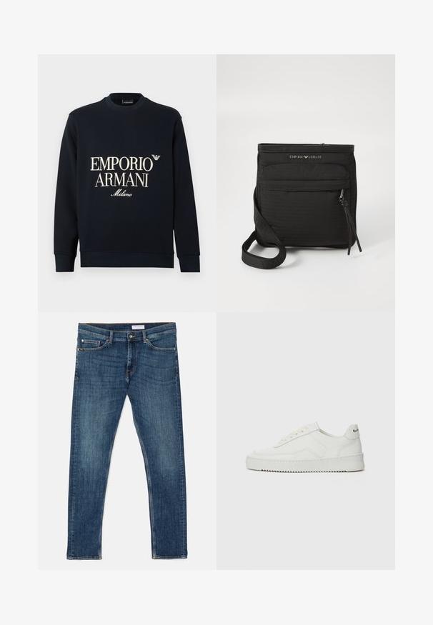 Teget majica s dugim rukavima, okruglim izrezom i glatkom teksturom tkanine. Na prednjoj strani bijeli logo "EMPORIO ARMANI" i "Milano".; Tamno plave traperice s uskim krojem, klasičnim dizajnom s pet džepova, vidljivim šavovima i čvrstim pojasom. Bez ukrasa ili uzoraka.; Bijele kožne tenisice s glatkom površinom, okruglim vrhom, ravnim vezicama i teksturiranom potplatom. Imaju suptilan logo na peti.; Crna Emporio Armani torba preko ramena s prednjim džepom na patent, podesivim remenom i logotipom na teksturiranom materijalu.