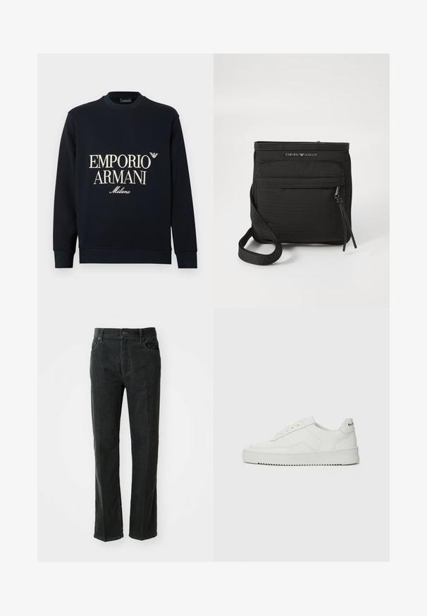 Tamsiai mėlynas džemperis su ilgomis rankovėmis, apvalia iškirpte ir lygia audinio tekstūra. Priekyje yra baltas „EMPORIO ARMANI“ ir „Milano“ logotipas.; Juodos velveteen kelnės tiesaus kirpimo, su mygtukų uždarymu, dviem priekinių kišenių ir vertikalia šonkauline tekstūra.; Balti odiniai sportiniai bateliai su lygia apdaila, apvaliu pirštu, plokščiais raišteliais ir tekstūruotu padu. Pasižymi subtiliu logotipu ant kulno.; Juodas „Emporio Armani“ per petį nešiojamas krepšys su priekinės užtrauktuko kišenės, reguliuojamu dirželiu ir logotipo detale ant struktūrinio audinio.