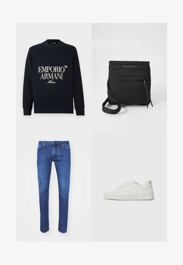 Tmavě modrá mikina s dlouhými rukávy, kulatým výstřihem a hladkou texturou látky. Na přední straně je bílý nápis "EMPORIO ARMANI" a logo "Milano".; Modré džíny z denimu se rovnou nohavicí, zapínáním na knoflík, pěti kapsami a kontrastním prošíváním. Látka vykazuje střední odstín s jemným vyblednutím.; Bílé kožené tenisky s hladkým povrchem, kulatou špičkou, plochými tkaničkami a texturovanou podrážkou. Na patě se nachází nenápadné logo.; Černá crossbody taška Emporio Armani s přední zipovou kapsou, nastavitelným popruhem a logem na texturované tkanině.