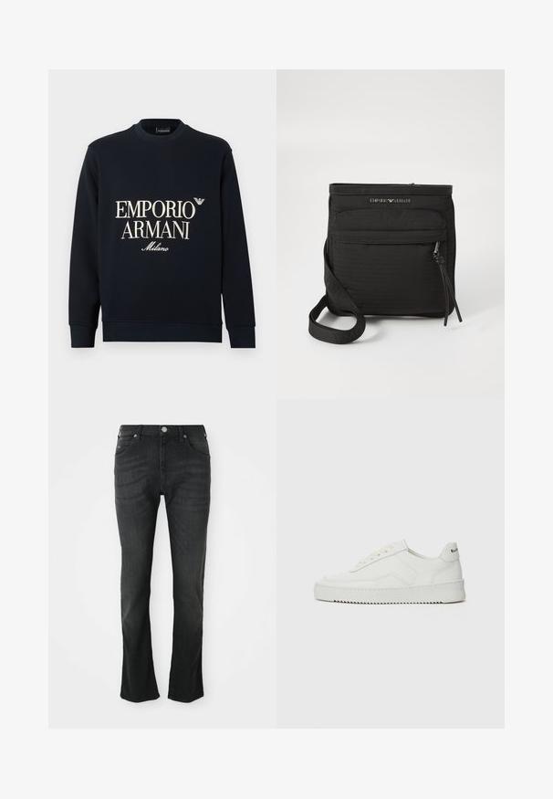 Sudadera azul marino con mangas largas, cuello redondo y textura de tela suave. Presenta el logo blanco "EMPORIO ARMANI" y "Milano" en la parte delantera.; Jeans de denim negro con un diseño de pierna recta, que cuentan con un cierre de botón en la parte frontal, cinco bolsillos y un ligero efecto de desgaste en los muslos.; Zapatilla de cuero blanca con un acabado suave, puntera redonda, cordones planos y suela texturizada. Cuenta con un sutil logo en el talón.; Bolso bandolera negro de Emporio Armani con bolsillo frontal con cremallera, correa ajustable y detalle de logo en tejido texturizado.