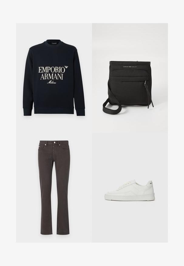 Teget majica s dugim rukavima, okruglim izrezom i glatkom teksturom tkanine. Na prednjoj strani bijeli logo "EMPORIO ARMANI" i "Milano".; Crne traperice široke nogavice izrađene su od mješavine pamuka. Imaju pet džepova, petlje za remen i metalne dodatke. Glatka tekstura s blago rastezljivim materijalom.; Bijele kožne tenisice s glatkom površinom, okruglim vrhom, ravnim vezicama i teksturiranom potplatom. Imaju suptilan logo na peti.; Crna Emporio Armani torba preko ramena s prednjim džepom na patent, podesivim remenom i logotipom na teksturiranom materijalu.
