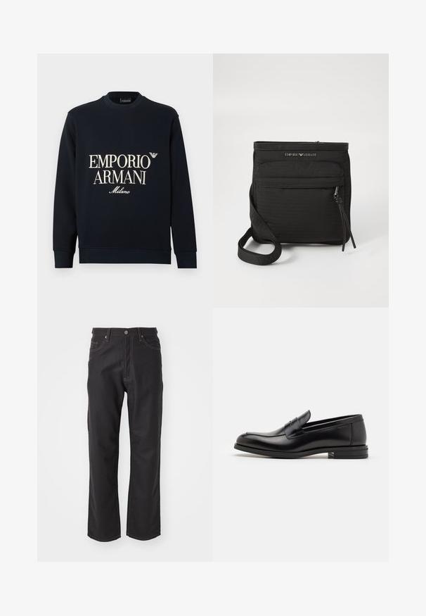 Μπλε σκούρο φούτερ με μακριά μανίκια, στρογγυλή λαιμόκοψη και λεία υφή υφάσματος. Φέρει λευκό λογότυπο "EMPORIO ARMANI" και "Milano" στο μπροστινό μέρος.; Μαύρο τζιν παντελόνι σε ίσια γραμμή, με αντίθετες πορτοκαλί ραφές, σχέδιο πέντε τσεπών και κλασικό κούμπωμα με κουμπί.; Μαύρες δερμάτινες μπαλαρίνες με λεία υφή, στρογγυλή μύτη και διακοσμητική ταινία πάνω από το επάνω μέρος. Χαμηλός καπιτώνας, μινιμαλιστικός σχεδιασμός.; Μαύρη διαγώνια τσάντα Emporio Armani με μπροστινή τσέπη με φερμουάρ, ρυθμιζόμενο λουρί και λεπτομέρεια λογότυπου σε υφαντό ύφασμα.