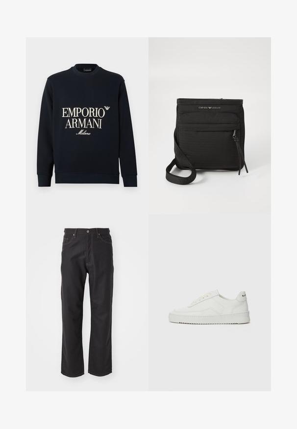 Sweat-shirt bleu marine à manches longues, col rond, et texture de tissu lisse. Présente un logo blanc "EMPORIO ARMANI" et "Milano" sur le devant.; Jeans en denim noir avec une coupe droite, dotés de coutures orange contrastantes, d'un design à cinq poches et d'une fermeture à bouton classique.; Baskets en cuir blanc avec une finition lisse, bout arrondi, lacets plats et semelle texturée. Présente un logo discret sur le talon.; Sac en bandoulière noir Emporio Armani avec poche zippée à l'avant, bandoulière ajustable et détail logo sur tissu texturé.