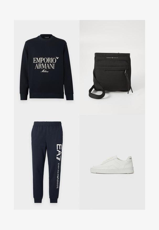 Donkerblauwe sweatshirt met lange mouwen, ronde hals en een gladde stoftextuur. Voorzien van een witte "EMPORIO ARMANI" en "Milano" logo op de voorkant.; Donkerblauwe katoenen joggers met een elastische tailleband, taps toelopende benen en contrasterende witte EA7 en Emporio Armani logo's bedrukt langs de zijkant.; Witte leren sneaker met een gladde afwerking, ronde neus, platte veters en een gestructureerde zool. Kenmerkt zich door een subtiel logo op de hiel.; Zwarte Emporio Armani schoudertas met voorzak met rits, verstelbare strap en logo-detail op gestructureerde stof.