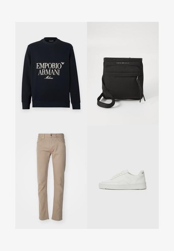 Marineblå sweatshirt med lange ermer, rund hals og en glatt stofftekstur. Har hvit "EMPORIO ARMANI" og "Milano" logo på forsiden.; Beige bomullsjeans med rette ben som har knappestengning, fem-lommers design og en jevn tekstur med minimale sømdetaljer.; Hvite lærersneakers med en jevn overflate, rund tå, flate lisser og en teksturert såle. Har en subtil logo på hælen.; Svart Emporio Armani crossover-veske med frontlomme med glidelås, justerbar stropp og logo-detalj på teksturert stoff.
