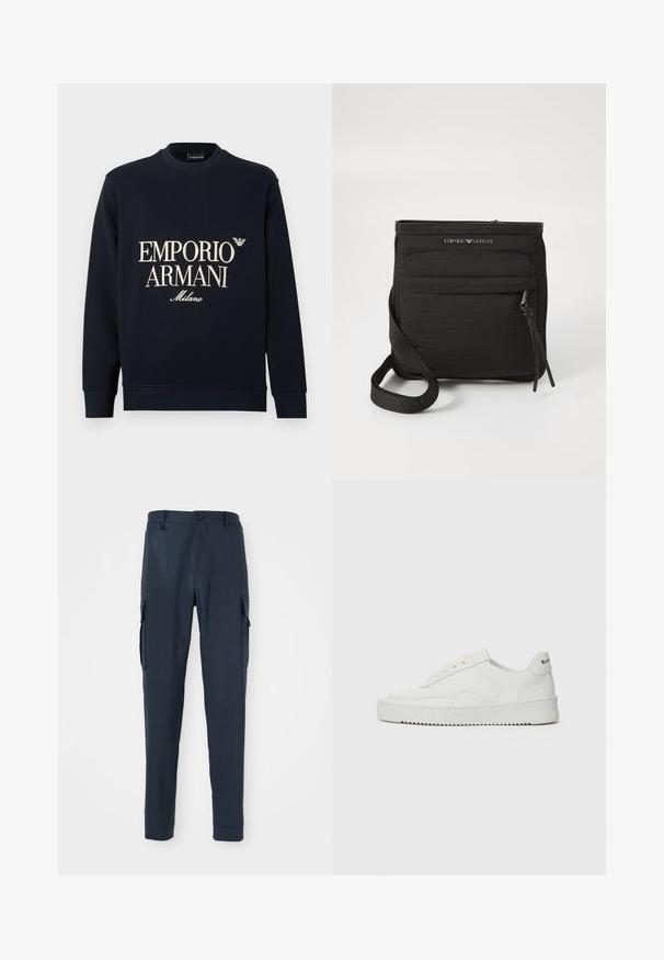 Navy sweatshirt with long sleeves, crew neck, and a smooth fabric texture. Features white "EMPORIO ARMANI" and "Milano" logo on the front.; Navy cargo pants with a textured fabric, slim fit, button closure at the waist, and side pockets for added functionality.; White leather sneaker with a smooth finish, round toe, flat laces, and a textured sole. Features a subtle logo on the heel.; Black Emporio Armani crossbody bag with front zipper pocket, adjustable strap, and logo detail on textured fabric.