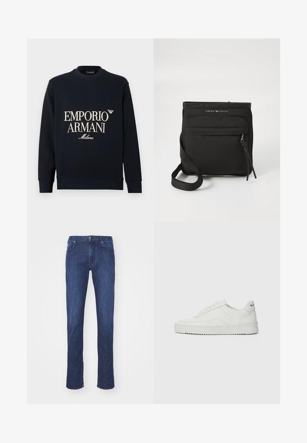 Tengerészkék pulóver hosszú ujjakkal, kerek nyakkivágással és sima anyagtextúrával. Elöl fehér "EMPORIO ARMANI" és "Milano" logóval.; Sötétkék farmernadrág klasszikus egyenes szárú fazonnal, öt zsebes kialakítással és fémből készült gombos záródással a deréknál. Simaszövet.; Fehér bőr sportcipő sima felülettel, kerek orral, lapos fűzőkkel és texturált talppal. Finom logó található a sarokon.; Fekete Emporio Armani crossbody táska elülső cipzáras zsebbel, állítható pánttal és logóval ellátott texturált anyagon.