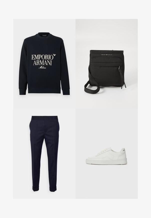 Sweatshirt azul-marinho de mangas compridas, com gola redonda e textura de tecido suave. Apresenta o logótipo branco "EMPORIO ARMANI" e "Milano" na frente.; Calças azul-marinho com uma textura suave, apresentando um cós elástico e bainhas dobradas, desenhadas com um corte afunilado e bolsos laterais.; Sapatilha de couro branco com acabamento suave, bico redondo, atacadores planos e uma sola texturizada. Apresenta um logotipo discreto no calcanhar.; Mala transversal preta da Emporio Armani com bolso frontal com fecho, alça ajustável e detalhe do logótipo em tecido texturizado.