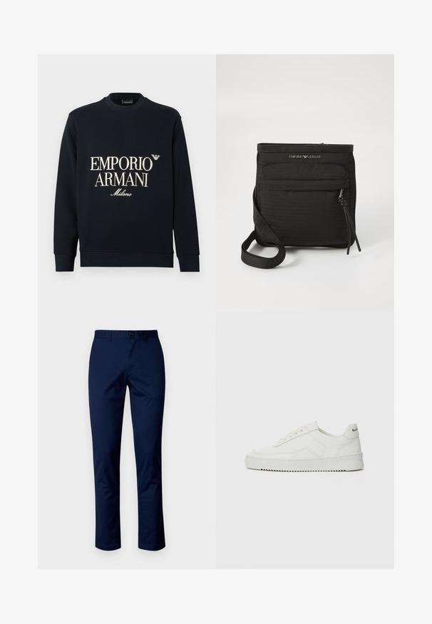 Tumesinine pusa pikkade varrukate, ümmarguse kaelusega ja siledast kangast. Esipinnal valged "EMPORIO ARMANI" ja "Milano" logod.; Tumedate sinised puuvillased püksid sirge sääre disainiga, millel on esipaneelil nupuga sulgemine, vööde ringsed ja puhtad õmblused. Sile tekstuur ilma mustriteta.; Valge nahast tennis, millel on sile põhi, ümar varvas, lamedad nöörid ja tekstuuriline tall. Sisaldab diskreetset logo kontsaribal.; Must musta Emporio Armani ristiõla kott, millel on eesne lukuga tasku, reguleeritav rihm ja logo detail tekstureeritud kangal.