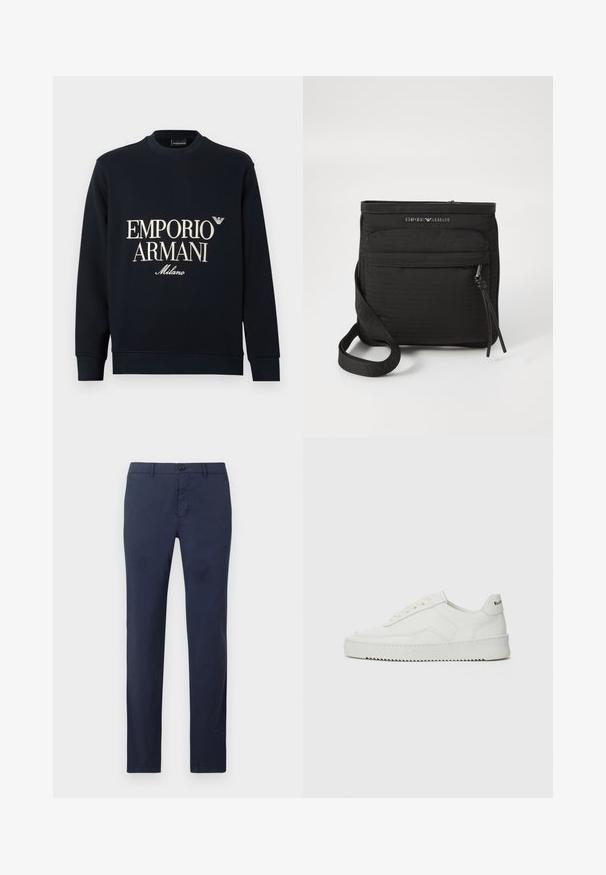 Bluza bleumarin cu mâneci lungi, gât rotund și textură fină a materialului. Prezintă logo-ul alb "EMPORIO ARMANI" și "Milano" pe partea din față.; Pantaloni bleumarin confecționați dintr-un material ușor, cu croială cu picior drept, închidere frontală cu nasturi și buzunare laterale.; Sneakers din piele albă cu un finisaj neted, vârf rotund, șireturi plate și o talpă texturată. Prezintă un logo subtil pe călcâi.; Geantă crossbody neagră Emporio Armani, cu buzunar frontal cu fermoar, curea ajustabilă și detalii cu logo pe țesătura texturată.
