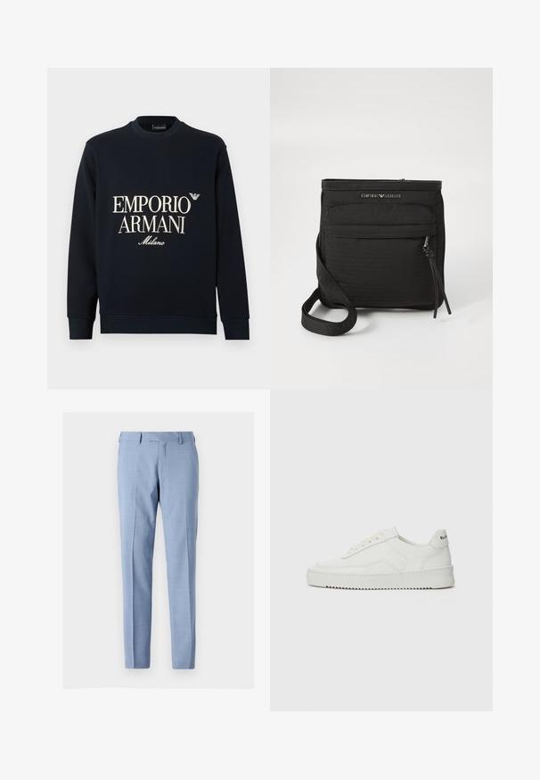 Temno modra majica z dolgimi rokavi, okroglim izrezom in gladko teksturo tkanine. Na sprednji strani sta bel napis "EMPORIO ARMANI" in logotip "Milano".; Svijetloplave hlače od laganog materijala, s ravnim krojem, prednjim džepovima i suptilnom teksturom po cijeloj površini.; Bela usnjena športna obutev z gladko površino, okroglo prst, ravne vezalke in teksturiran podplat. Ima diskretno logo na peti.; Črna torba Emporio Armani s prečko čez telo, sprednjim žepom z zadrgo, nastavljivim trakom in detajlom logotipa na strukturirani tkanini.