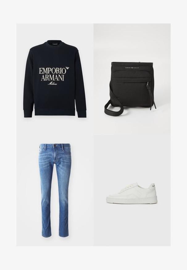 Tumši zils džemperis ar garām piedurknēm, apaļu kaklu un gludu auduma tekstūru. Priekšpusē ir baltas "EMPORIO ARMANI" un "Milano" logotipi.; Gai zilo denim bikses ar taisnu kāju dizainu, ar tradicionālo piecu kabatu stilu un maigu izbalēšanu virs ceļgaliem.; Baltas ādas sneakers ar gludu virsmu, apaļu pirkstu daļu, plakaniem šņorēm un teksturētu zoli. Satur diskrētu logotipu uz papēža.; Melnā Emporio Armani krūšu soma ar priekšējo rāvējslēdzēju, regulējamu siksniņu un logotipa detaļu uz tekstūrēta auduma.