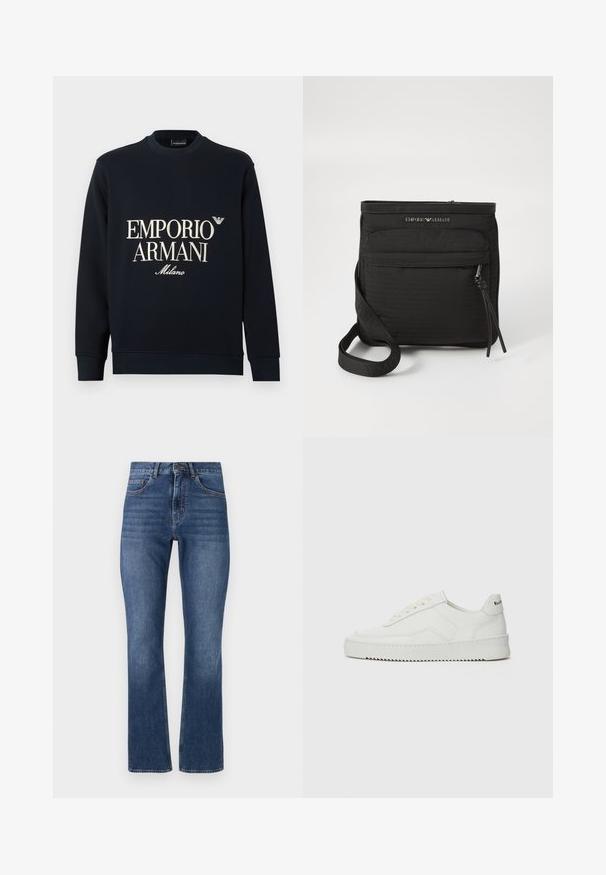 Granatowa bluza z długimi rękawami, okrągłym dekoltem i gładką fakturą tkaniny. Z przodu znajduje się biały napis "EMPORIO ARMANI" oraz logo "Milano".; Niebieskie dżinsy z prostym krojem nogawek, posiadające standardowe kieszenie i przeszyty pas, w średnim odcieniu prania z delikatnym efektem użycia.; Białe skórzane sneakersy o gładkim wykończeniu, okrągłym nosku, płaskich sznurówkach i teksturowanej podeszwie. Charakteryzują się delikatnym logo na pięcie.; Czarna torba crossbody Emporio Armani z przednią kieszenią na zamek, regulowanym paskiem i detalem z logo na teksturowanym materiale.