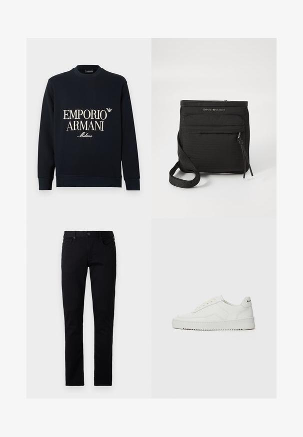 Sweatshirt azul-marinho de mangas compridas, com gola redonda e textura de tecido suave. Apresenta o logótipo branco "EMPORIO ARMANI" e "Milano" na frente.; Emporio Armani POCKETS PANT - Calças de ganga justas - black denim; Sapatilha de couro branco com acabamento suave, bico redondo, atacadores planos e uma sola texturizada. Apresenta um logotipo discreto no calcanhar.; Mala transversal preta da Emporio Armani com bolso frontal com fecho, alça ajustável e detalhe do logótipo em tecido texturizado.