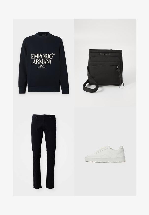 Temno modra majica z dolgimi rokavi, okroglim izrezom in gladko teksturo tkanine. Na sprednji strani sta bel napis "EMPORIO ARMANI" in logotip "Milano".; Črne bombažne hlače s slim fit krojem, ki vključujejo gumb za zapiranje, zanko za pas, sprednje žepke in gladko teksturo.; Bela usnjena športna obutev z gladko površino, okroglo prst, ravne vezalke in teksturiran podplat. Ima diskretno logo na peti.; Črna torba Emporio Armani s prečko čez telo, sprednjim žepom z zadrgo, nastavljivim trakom in detajlom logotipa na strukturirani tkanini.