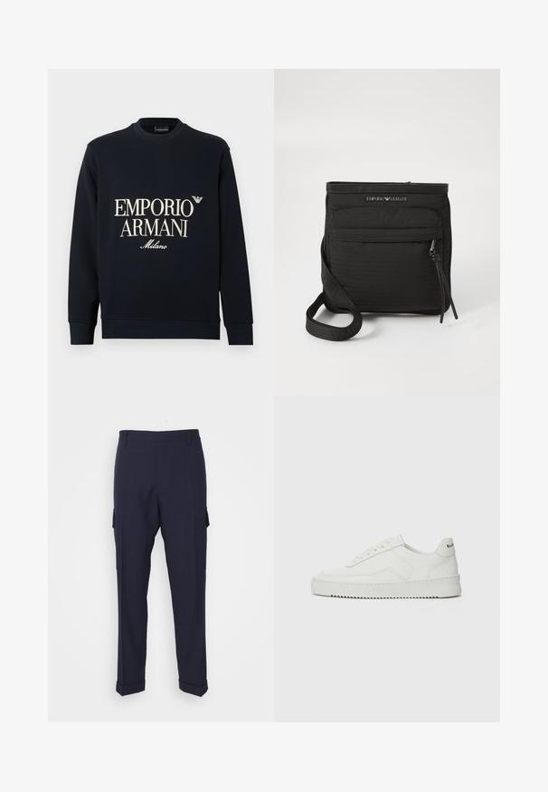 Tumesinine pusa pikkade varrukate, ümmarguse kaelusega ja siledast kangast. Esipinnal valged "EMPORIO ARMANI" ja "Milano" logod.; Tumed sinine cargo-püksid, mis on valmistatud siledast kangast, küljetaskudega, sirge lõikega ja pahkluude juures volditud äärega.; Valge nahast tennis, millel on sile põhi, ümar varvas, lamedad nöörid ja tekstuuriline tall. Sisaldab diskreetset logo kontsaribal.; Must musta Emporio Armani ristiõla kott, millel on eesne lukuga tasku, reguleeritav rihm ja logo detail tekstureeritud kangal.