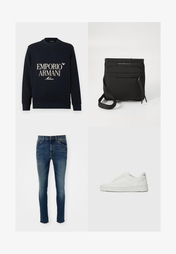 Tamsiai mėlynas džemperis su ilgomis rankovėmis, apvalia iškirpte ir lygia audinio tekstūra. Priekyje yra baltas „EMPORIO ARMANI“ ir „Milano“ logotipas.; Mėlynos slim-fit džinsinės kelnės su priekinėmis kišenėmis, diržo kilputėmis, užtrauktuku ir išblukusiu skalbimu ant šlaunų bei kelių.; Balti odiniai sportiniai bateliai su lygia apdaila, apvaliu pirštu, plokščiais raišteliais ir tekstūruotu padu. Pasižymi subtiliu logotipu ant kulno.; Juodas „Emporio Armani“ per petį nešiojamas krepšys su priekinės užtrauktuko kišenės, reguliuojamu dirželiu ir logotipo detale ant struktūrinio audinio.