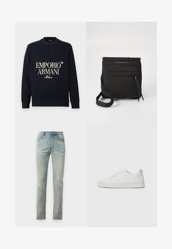 Tamsiai mėlynas džemperis su ilgomis rankovėmis, apvalia iškirpte ir lygia audinio tekstūra. Priekyje yra baltas „EMPORIO ARMANI“ ir „Milano“ logotipas.; Pilkai mėlyni aukšto liemens džinsai, su siauru siluetu. Yra šviesėjimo ir purslų detalės visame audinyje. Pagaminti iš denimo su kontrastingais siūlais.; Balti odiniai sportiniai bateliai su lygia apdaila, apvaliu pirštu, plokščiais raišteliais ir tekstūruotu padu. Pasižymi subtiliu logotipu ant kulno.; Juodas „Emporio Armani“ per petį nešiojamas krepšys su priekinės užtrauktuko kišenės, reguliuojamu dirželiu ir logotipo detale ant struktūrinio audinio.