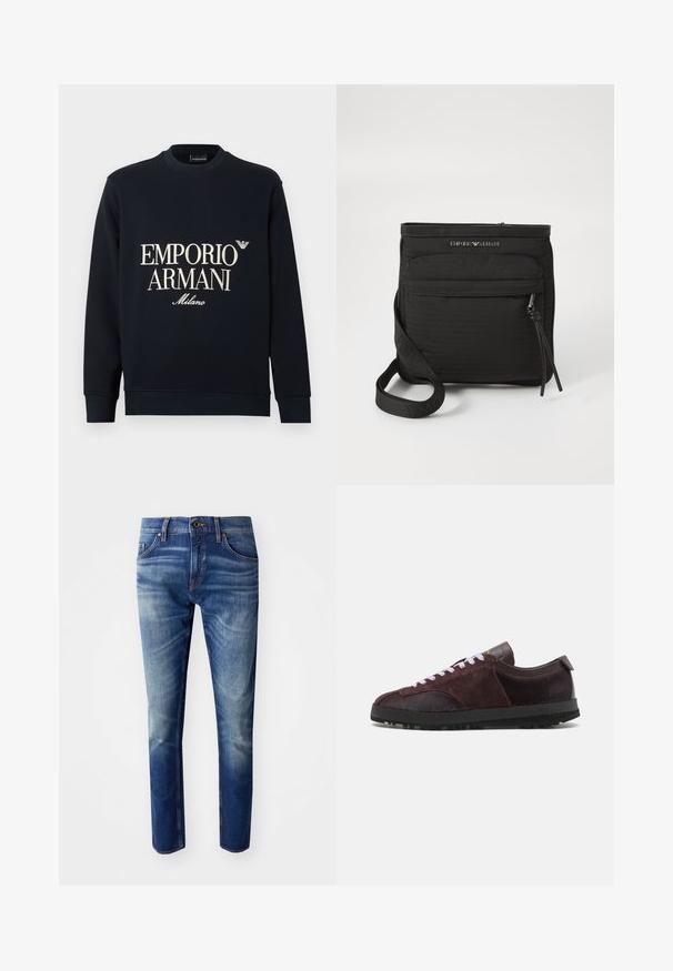 Tumši zils džemperis ar garām piedurknēm, apaļu kaklu un gludu auduma tekstūru. Priekšpusē ir baltas "EMPORIO ARMANI" un "Milano" logotipi.; Slim fit džinsi, kas izgatavoti no džinsa auduma vidēji tumši zilā tonī. Iekļauj piecas kabatas, pogu aizdari un vieglu izbalējumu gar gurniem.; Paul Smith ZEPHYR - Treniņu apavi - purple; Melnā Emporio Armani krūšu soma ar priekšējo rāvējslēdzēju, regulējamu siksniņu un logotipa detaļu uz tekstūrēta auduma.