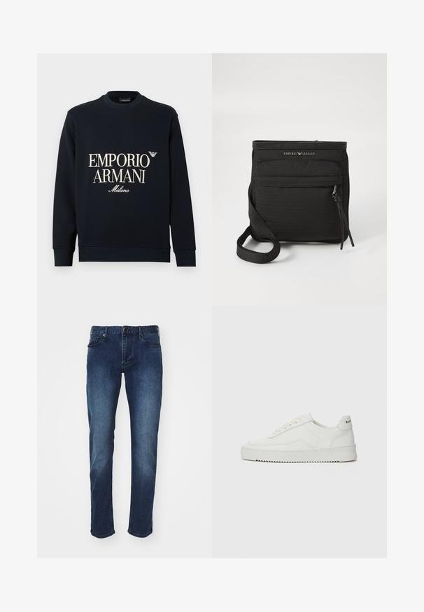 Sweatshirt azul-marinho de mangas compridas, com gola redonda e textura de tecido suave. Apresenta o logótipo branco "EMPORIO ARMANI" e "Milano" na frente.; Jeans de denim azul escuro com um corte slim, apresentando um fecho de botão, cinco bolsos e um desbotado subtil ao longo das pernas.; Sapatilha de couro branco com acabamento suave, bico redondo, atacadores planos e uma sola texturizada. Apresenta um logotipo discreto no calcanhar.; Mala transversal preta da Emporio Armani com bolso frontal com fecho, alça ajustável e detalhe do logótipo em tecido texturizado.