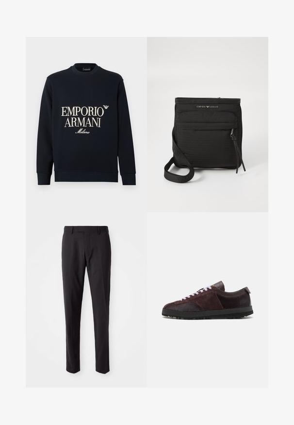Tamsiai mėlynas džemperis su ilgomis rankovėmis, apvalia iškirpte ir lygia audinio tekstūra. Priekyje yra baltas „EMPORIO ARMANI“ ir „Milano“ logotipas.; Juodi prisiūti kelnės su lygia priekiu, siauru kirpimu, diržo kilpomis ir sklandžiu tekstūru. Tinka oficialiam ar verslo aprangai.; Paul Smith ZEPHYR - Sportbačiai - purple; Juodas „Emporio Armani“ per petį nešiojamas krepšys su priekinės užtrauktuko kišenės, reguliuojamu dirželiu ir logotipo detale ant struktūrinio audinio.