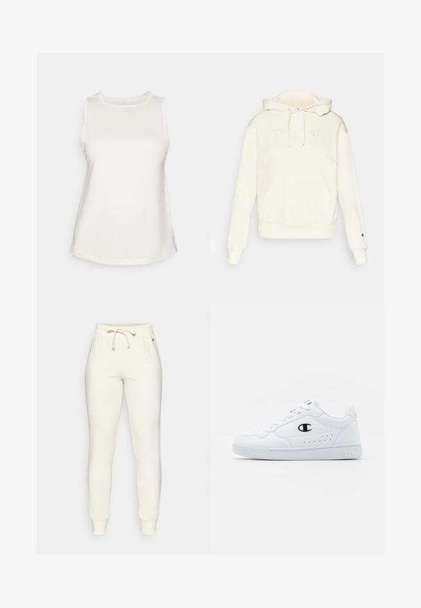Felpa con cappuccio color crema, dotata di tasca frontale a marsupio, con logo ricamato e polsini e orlo a costine. Tessuto morbido.; Top bianco senza maniche in tessuto morbido, con scollo rotondo e orlo curvo. Design semplice senza fantasie o decorazioni.; Pantaloni della tuta color crema con vita elastica e cordoncino, caratterizzati da polsini a coste e un piccolo logo di lato. Texture morbida e liscia.; Sneakers atletici bianchi con pelle sintetica liscia, accento del logo nero e dettagli perforati sul lato. Suola in gomma.