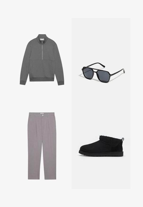 Harmaa neljännesvetoketjullinen takki, joka on valmistettu pehmeästä kankaasta ja jossa on korkea kaulus, etutasku ja ribbireunat. Yksinkertainen muotoilu ilman lisäkuvioita.; Harmaat räätälöidyt housut suoran leikkauksen omaavat, joissa on kaksi etutaskua, laskokset ja nappikiinnitys. Valmistettu kevyestä kankaasta.; Mustat mokkanahkasaappaat, joissa on pehmeä, tekstuurinen vuori, matala kumipohja ja vetoketju takana helppoa käyttämistä varten.; Musta aurinkolasit, joissa on oktaalinen kehys, tummat linssit, kiiltävä pinta, ohuet templesit ja kultaiset yksityiskohdat etupuolella.