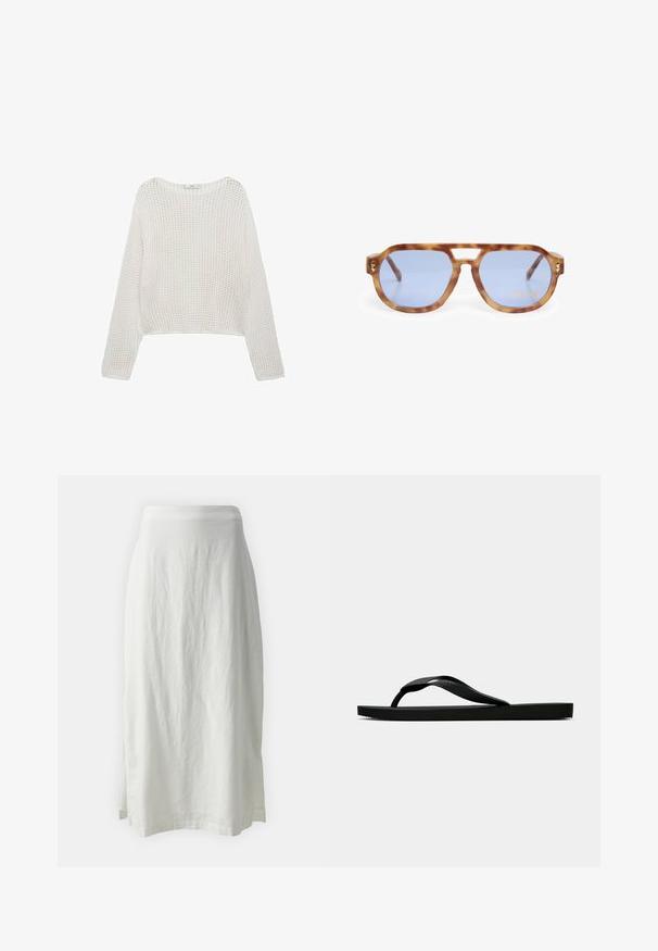 Weißer Strickpullover mit langen Ärmeln, lockerem, strukturiertem Muster und cropped Schnitt. Schlichte Halslinie und gerippte Säume.; GAP PULL ON SKIRT - Maxirock - new off white; Schwarze Gummi-Flip-Flop-Sandale mit einem strukturierten Riemen und einfacher flacher Sohle, von der Seite auf einem schlichten hellen Hintergrund dargestellt.; Schildkrötensonnenbrille mit blauen Gläsern, eckigem Design, dickem Rahmen und Ausschnitt für die Nasenbrücke; mit goldenen Akzenten an den Schläfen.