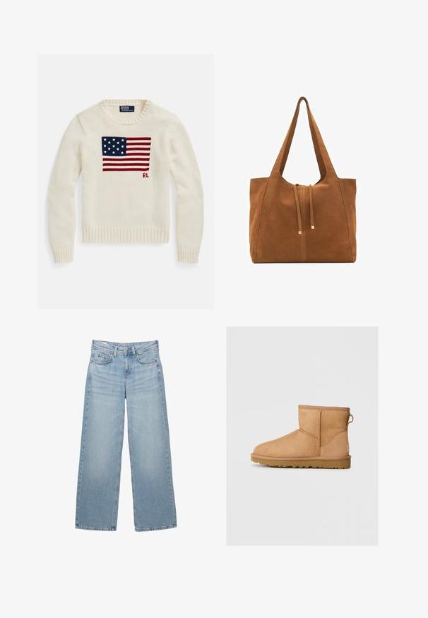 Cremefarbener Strickpullover mit einem großen amerikanischen Flaggenmotiv und den eingestrickten Initialen "RL" auf der Vorderseite, Rundhalsausschnitt sowie gerippte Bündchen und Saum.; Weißes Baumwoll-T-Shirt mit kurzen Ärmeln, einem runden Halsausschnitt und einer lässigen Passform. Das Material wirkt glatt und hat keine sichtbaren Muster oder Grafiken.; Hellblaue Jeans mit weitem Bein und hoher Taille, fünf Taschen und subtilen Auswaschungen, mit einem Metallknopf und Gürtelschlaufen.; Hellbraune Wildleder-Stiefeletten mit runder Zehenpartie, genähten Details, Ziehschlaufe an der Rückseite und einer strukturierten Gummisohle. Entwickelt für Komfort und Wärme.; Braune Wildleder-Tasche mit zwei langen Trägern, Zugverschluss und minimalistischem Design. Glatte Textur und keine sichtbaren Hardware-Details.