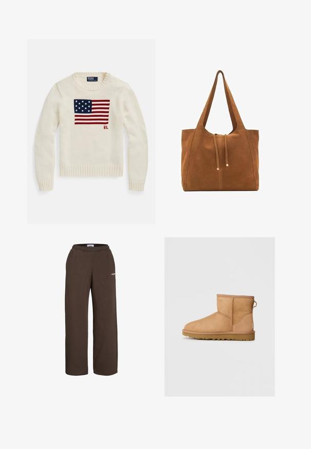 Crèmewit gebreide trui met een groot ontwerp van de Amerikaanse vlag en de initialen "RL" gebreid op de voorkant, ronde hals en geribbelde manchetten en zoom.; Witte katoenen t-shirt met korte mouwen, een ronde hals en een relaxte pasvorm. Het materiaal lijkt glad te zijn zonder zichtbare patronen of grafische afbeeldingen.; Bruine sweatpants met een elastische tailleband, met een rechte pijpdesign. Gemaakt van zachte stof met een klein wit logo-detail.; Tan suède enkellaars met ronde neus, gestikte details, trekhaak aan de achterkant en een gestructureerde rubberen zool. Ontworpen voor comfort en warmte.; Bruine suède schoudertas met twee lange hengsels, trekkoordsluiting en minimalistisch ontwerp. Gladde textuur en geen zichtbare hardware-accenten.