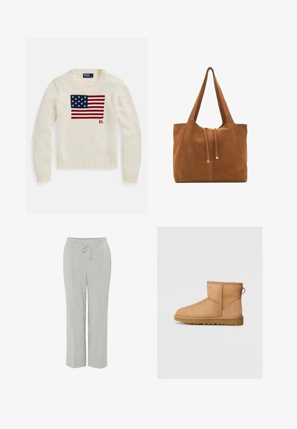 Crèmewit gebreide trui met een groot ontwerp van de Amerikaanse vlag en de initialen "RL" gebreid op de voorkant, ronde hals en geribbelde manchetten en zoom.; Witte katoenen t-shirt met korte mouwen, een ronde hals en een relaxte pasvorm. Het materiaal lijkt glad te zijn zonder zichtbare patronen of grafische afbeeldingen.; Lichtgrijze linnen broeken met een ontspannen pasvorm, voorzien van een elastische tailleband en trekkoord, rechte benen en geen zichtbare patronen.; Tan suède enkellaars met ronde neus, gestikte details, trekhaak aan de achterkant en een gestructureerde rubberen zool. Ontworpen voor comfort en warmte.; Bruine suède schoudertas met twee lange hengsels, trekkoordsluiting en minimalistisch ontwerp. Gladde textuur en geen zichtbare hardware-accenten.