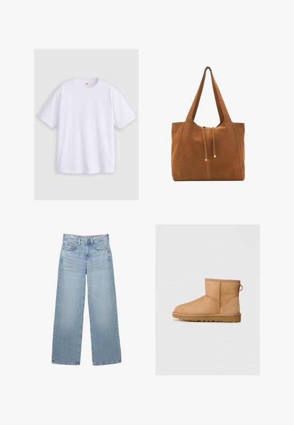 Kremasta pletena majica z velikim motivom ameriške zastave in izvezenima inicialkama "RL" na sprednji strani, z okroglim izrezom ter rebrastimi manšetami in spodnjim robom.; Bela bombažna majica s kratkimi rokavi, krožnim izrezom in sproščenim prileganjem. Material se zdi gladek brez vidnih vzorcev ali grafik.; Svetlo modri široki kavbojki z visokim pasom, petimi žepi in subtilnim bledenjem, z kovinsko zapiralo in zankami za pas.; Rjav nubuk čevlj z gležnjem s okroglo konico, šivanjem, zanko za pomoč pri oblačenju na hrbtni strani in teksturiranim gumijastim podplatom. Zasnovan za udobje in toplino.; Rjava semiš torba z dvema dolgima ročajema, z vrvico za zapiranje in minimalističnim dizajnom. Gladka tekstura in brez vidnih kovinskih dodatkov.