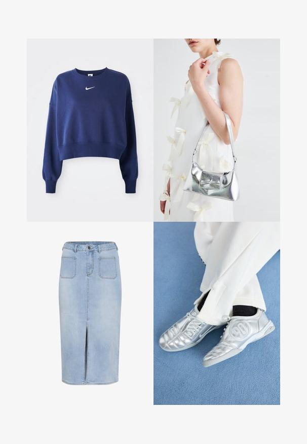 Temno modra skrajšana trenirka iz mehkega materiala, z okroglim ovratnikom, dolgimi rokavi in belim logotipom Nike na prsih.; Svetlo modra denim midi krila z zadnjim razporkom, petimi žepi, prilegnjenim pasom z zankami in gumbom za zapiranje.; Srebrni atletski čevlji z gladkim, sijočim zaključkom, z našitim dizajnom in številko 90 na strani, v kombinciji z belimi hlačami.; Srebrna metalna torbica z oblikovano strukturo, ki ima zgornji ročaj in detajl v obliki mašne spredaj. Gladka tekstura, z odsevnimi površinami.; Srebrni obroči za ušesa z gladko, polirano površino. Okrogla oblika in varna zaponka s klikom. Lahka zasnova, primerna za vsakodnevno nošenje.