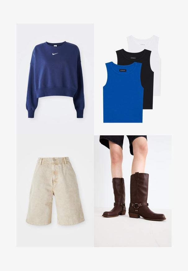 Felpa cropped blu navy realizzata in tessuto morbido, con colletto rotondo, maniche lunghe e logo Nike bianco sul petto.; Tre magliette senza maniche in blu, nero e bianco. Il tessuto è a coste con un colletto rotondo. Ogni maglietta ha un'etichetta con la scritta "even&odd."; Shorts in denim beige con vita alta, chiusura con bottone e tasche frontali. Presentano una vestibilità casual e ampia, con bordi leggermente sfilacciati.; Stivali marroni in pelle al ginocchio con punta rotonda, superficie testurizzata, cinturino alla caviglia e dettagli in metallo argentato; tacco impilato.