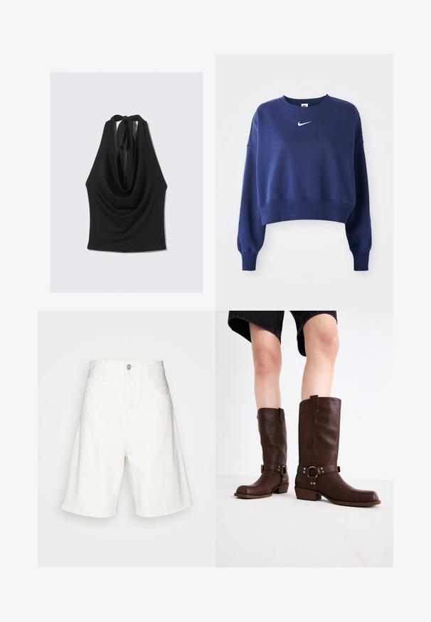 Temno modra skrajšana trenirka iz mehkega materiala, z okroglim ovratnikom, dolgimi rokavi in belim logotipom Nike na prsih.; Črn brezrokavnik s spuščenim ovratnikom in zavezovanjem na hrbtu. Narejen iz gladke, lahke tkanine, ima sproščen silhuet.; Bele denim kratke hlače z visokim pasom, ki imajo sprednji gumb, dva stranska žepa in sproščen kroj. Gladka tekstura brez vidnih vzorcev.; Rjave usnjene čizme do kolen s zaobljenim nosom, teksturirano površino, trakovi okoli gležnja in srebrni detajli; zasnovane s steknjenim peto.