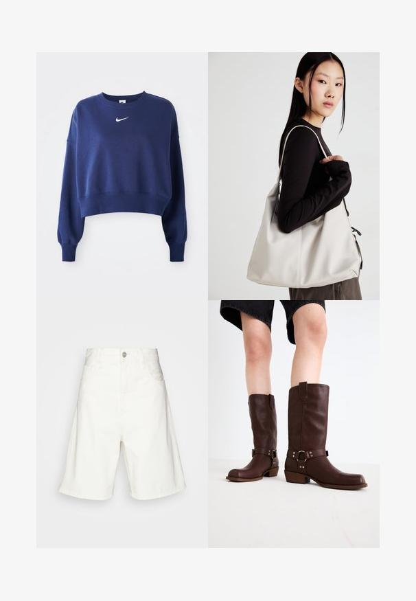 Sweatshirt légèrement court bleu marine en tissu doux, avec un col rond, des manches longues et un logo Nike blanc sur la poitrine.; Shorts en denim blanc taille haute, dotés d'une fermeture à boutons à l'avant, de deux poches latérales et d'une coupe décontractée. Texture lisse sans motifs visibles.; Bottes en cuir marron jusqu'au genou avec un bout arrondi, une surface texturée, une sangle au niveau de la cheville et des détails en métal argenté ; talon empilé.; Sac à main beige en matériau souple, avec un design décontracté, des détails cousus et deux poignées. Idéal pour un usage quotidien.