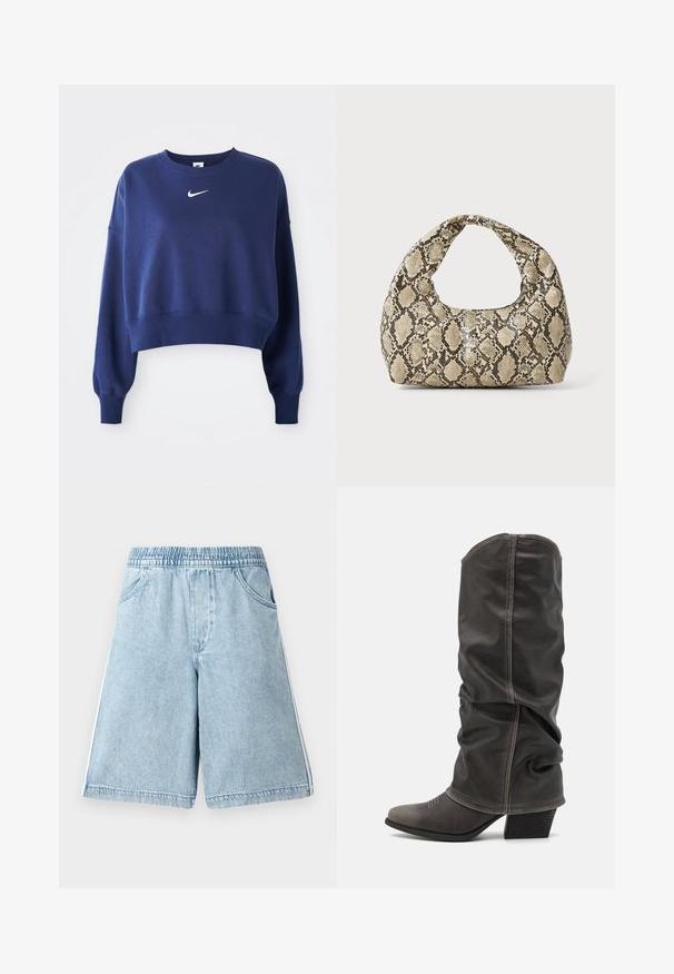 Temno modra skrajšana trenirka iz mehkega materiala, z okroglim ovratnikom, dolgimi rokavi in belim logotipom Nike na prsih.; Svetlo modri denim kratke hlače z elastiko v pasu, stranskimi žepi in belimi stranskimi črtami, ki imajo ohlapen kroj in gladko teksturo.; Sivi usnjeni škornji do meč, z ohlapnim dizajnom, koničastim nosom in plitkim podplatom. Opazna šivana detajla na področju prstov.; Torba z vzorom kače s ukrivljenim ročajem. Narejena iz teksturiranih, bež in rjavih materialov, ki imajo značilen diamante vzorec.