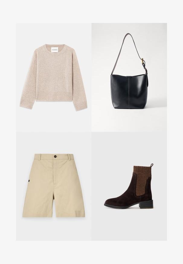 Beige neulepaita, jossa on pyöreä pääntie ja ribbireunaiset hihat. Ominaisuuksia ovat rento istuvuus ja hienovarainen tekstuuri, ja tarrassa lukee "CLOSED".; Vaaleat puuvillashortit, joissa on normaali istuvuus, nappikiinnitys, sivutaskut sekä hienovaraiset tikkaus yksityiskohdat. Sileä rakenne ja polvenpituinen muotoilu.; Ruskea mokkanahkainen nilkkabooti, jossa on teksturoitu ruskea ribbiknitti yläosa, sileä pinta, matala paksu korko ja vetohihna kantapäässä helpompaa pukeutumista varten.; Musta nahkainen olkalaukku, jossa on sileä pinta, ohut ja pitkä hihna sekä hienovarainen ommeltu yksityiskohta keskellä.