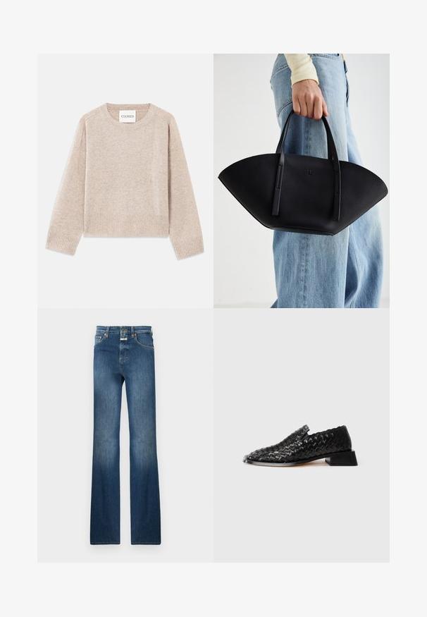 Bež pleteni pulover z okroglim izrezom in rebrastimi manšetami. Ima sproščen kroj in subtilno teksturo, označen z "CLOSED" na etiketi.; Temno modri traper hlače s ravnim krojem, petimi žepi in gumbom za zapiranje. Oblečene poudarke na stegnih izboljšujejo teksturo.; Črne usnjene pletene natikače z nizko blok peto in valovitim robom, prikazane na beli podlagi.; Črna usnjena torbica z edinstveno obliko ventilatorja, z ravnimi ročaji. Površina ima teksturo z drobnimi kamni in minimalističen dizajn.